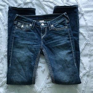 True religion dark blue bootcut jeans w/white